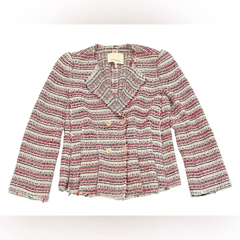 Rebecca Taylor Tweed Blazer Womens Size 4 Striped Blue & Red Cotton Blend